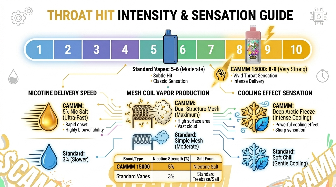 Strong throat hit intensity scale for $CAMMM 15000 review showing powerful 5% nicotine delivery for experienced vapers