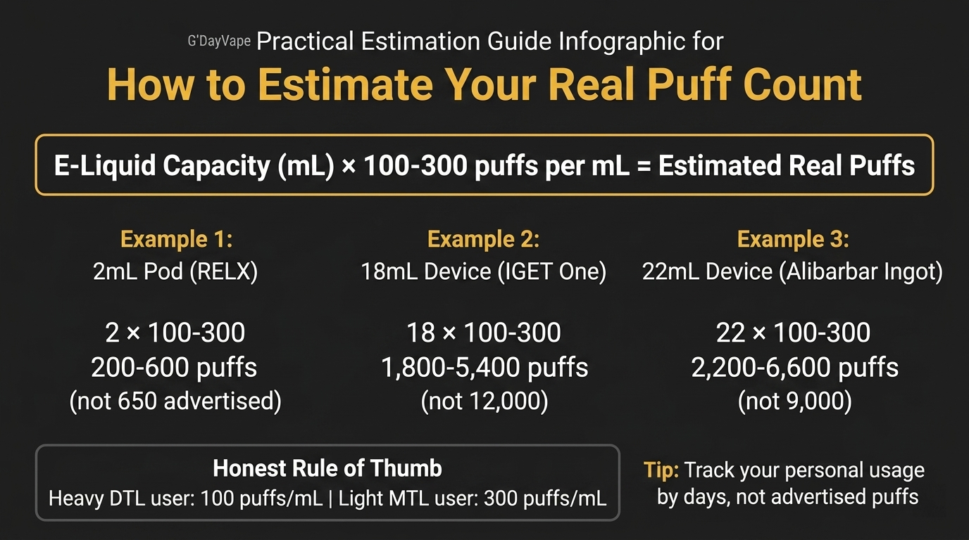 Practical guide to estimate real vape puff count using e-liquid capacity formula with examples for pod systems and high capacity disposables