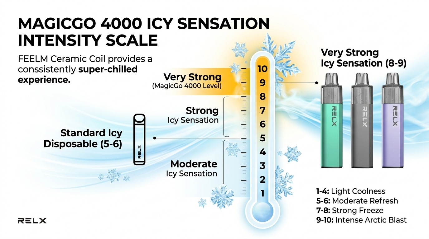 Icy throat hit intensity scale for RELX MagicGo 4000 review showing very strong cooling sensation at 8-9 out of 10