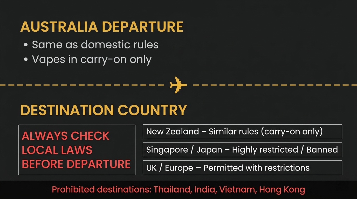 International flight destination guide for can I take vapes on a plane Australia 2026 showing country-specific restrictions