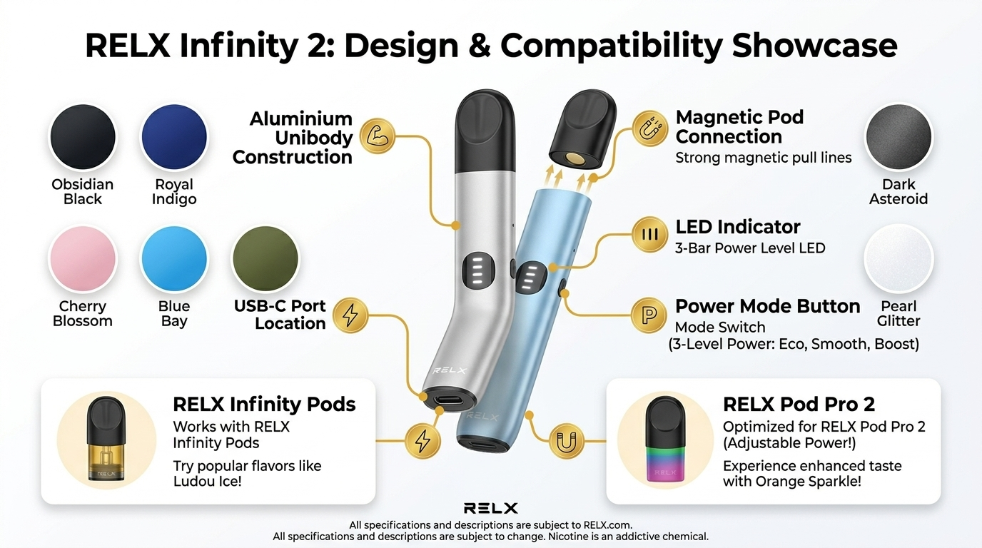 Design and compatibility infographic for RELX Infinity 2 review showing aluminium build, 7 colour options, and pod compatibility