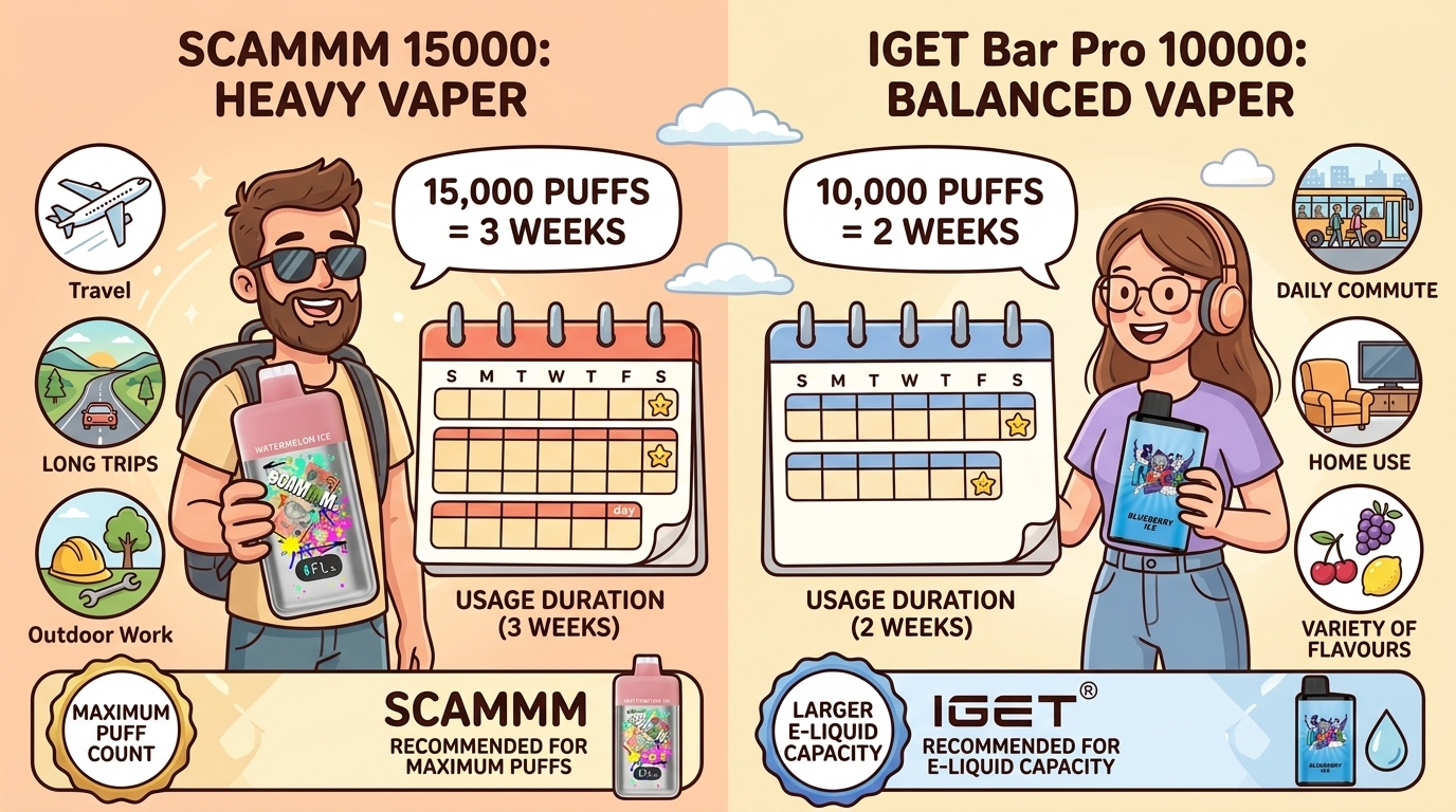 Usage scenario comparison for SCAMMM 15000 vs IGET Bar Pro 10000 helping choose based on 3 week vs 2 week usage patterns