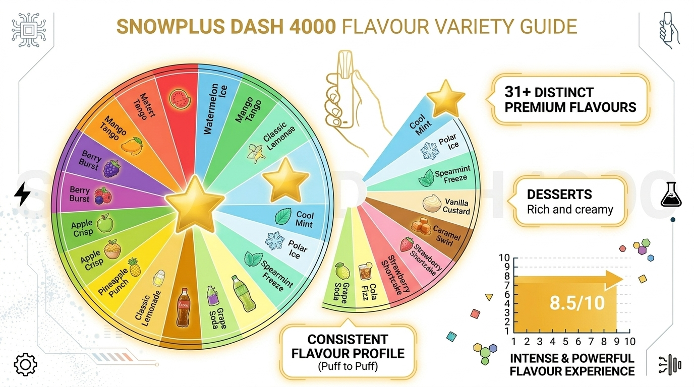 31 flavour wheel infographic for Snowplus DASH 4000 review showing flavour variety for Snowplus DASH 4000 features