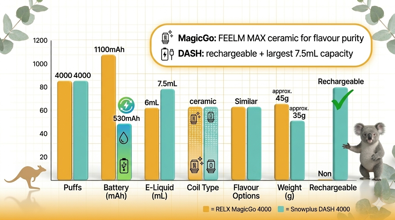 Comparative chart showing RELX MagicGo 4000 vs Snowplus DASH 4000 key metrics.