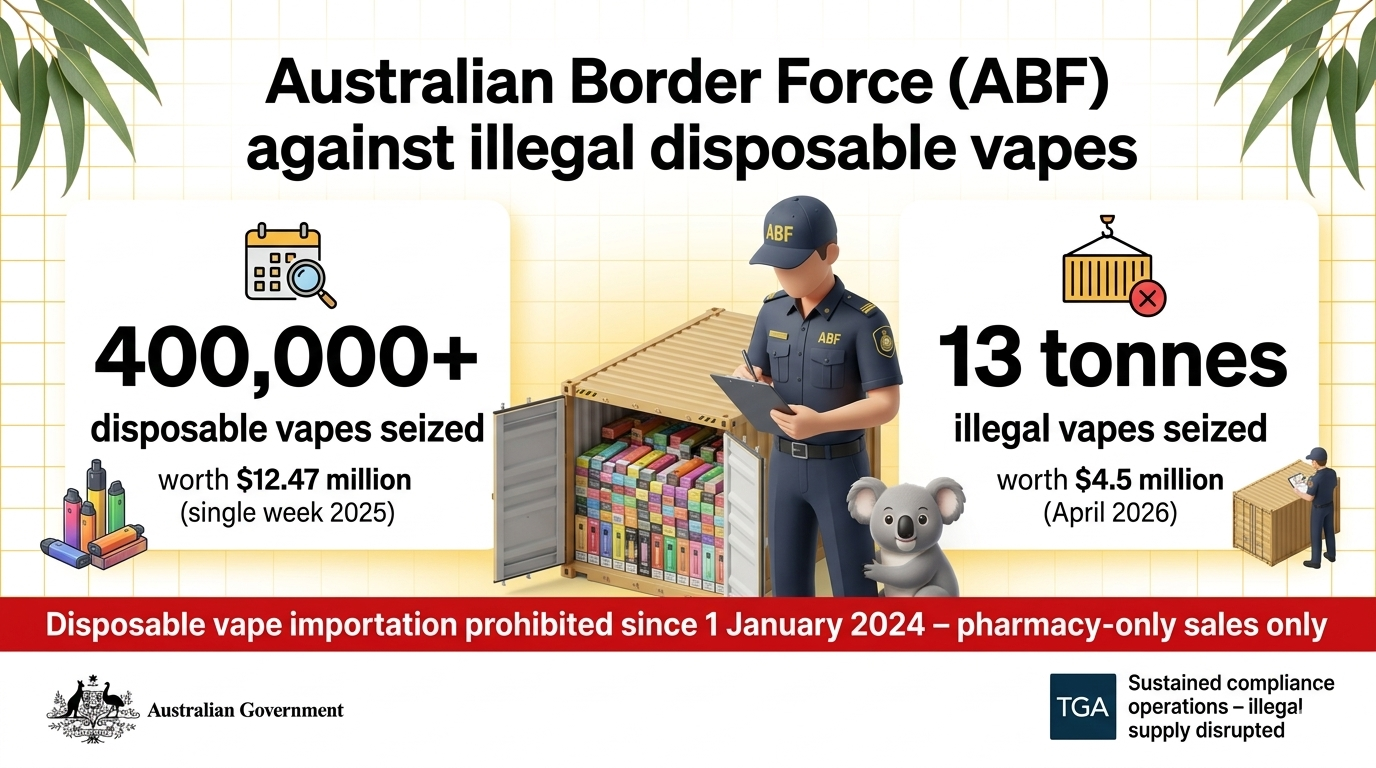 Infographic showing Australian Border Force enforcement data: 400,000 disposable vapes seized worth $12.47 million (single week 2025), 13 tonnes worth $4.5 million (April 2026). TGA compliance actions and pharmacy-only sales model illustration.