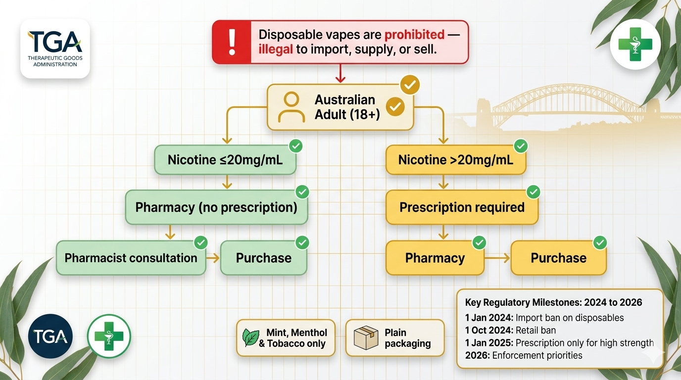 Flowchart illustrating Australian therapeutic vaping access: adults 18+ can buy ≤20mg/mL nicotine vapes from pharmacies without prescription (subject to state laws); higher strengths and under‑18s require prescription. Disposable vapes are prohibited. Plain packaging and flavour restrictions (mint, menthol, tobacco) are highlighted.