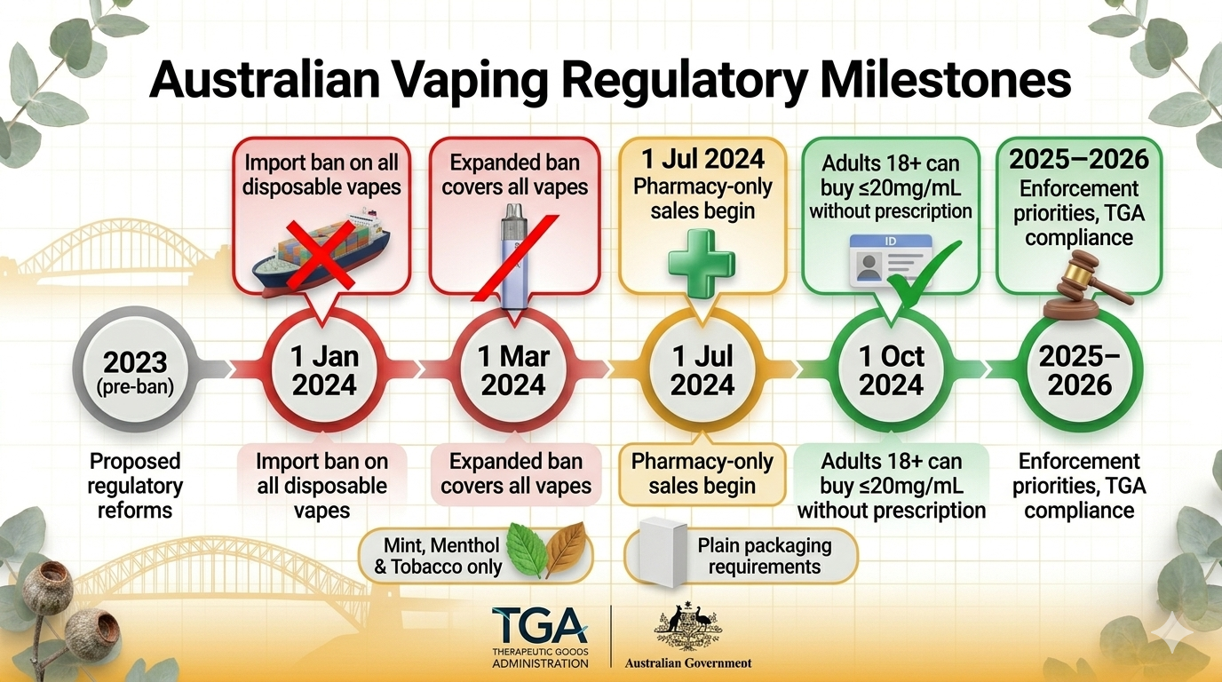 Timeline infographic showing Australian vaping regulatory milestones.