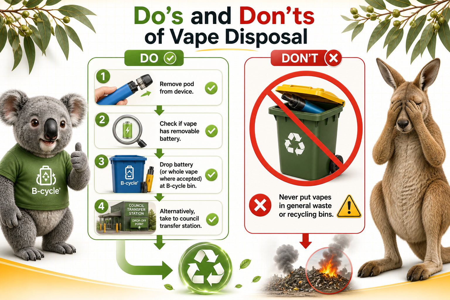 Step-by-step graphic: 1. Remove pod from device. 2. Check if vape has removable battery. 3. Drop battery at B-cycle bin (or whole vape if accepted). 4. Alternatively, take vape to council transfer station. 5. Never place in kerbside bins. Arrows show the correct pathway versus the incorrect path to landfill.