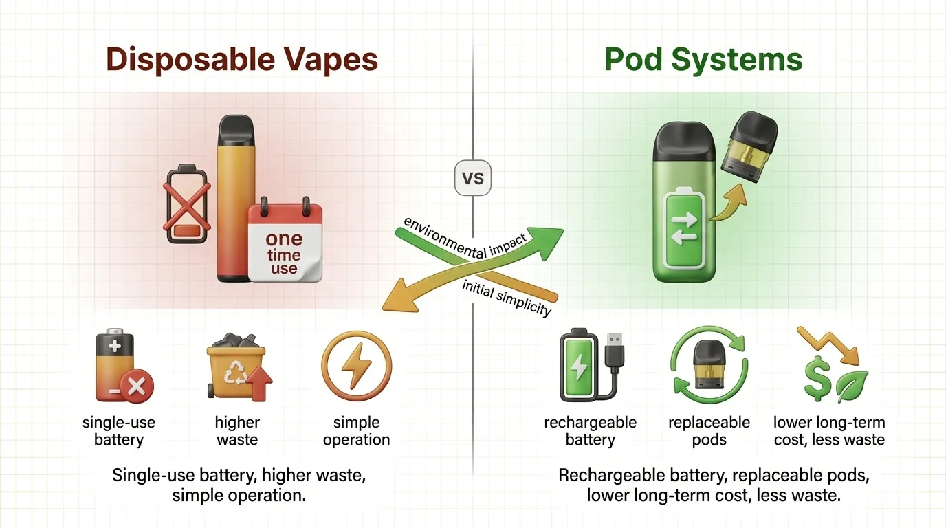 Comparison chart showing disposable vapes (left) with single‑use battery, higher waste, simple operation, vs pod system (right) with rechargeable battery, replaceable pods, lower long‑term cost, and less waste. Arrows highlight the environmental and cost differences.