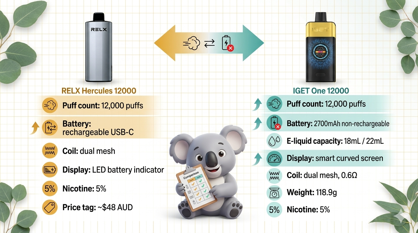Specification comparison diagram: RELX Hercules 12000 (12,000 puffs, dual mesh coil, LED battery display, Auto-Tuned Power Technology, 5% nicotine, ~$48 AUD) vs IGET One 12000 (12,000 puffs, dual mesh coil, smart curved screen, Turbo Mode, 2700mAh non-rechargeable battery, 18mL e‑liquid, 5% nicotine).