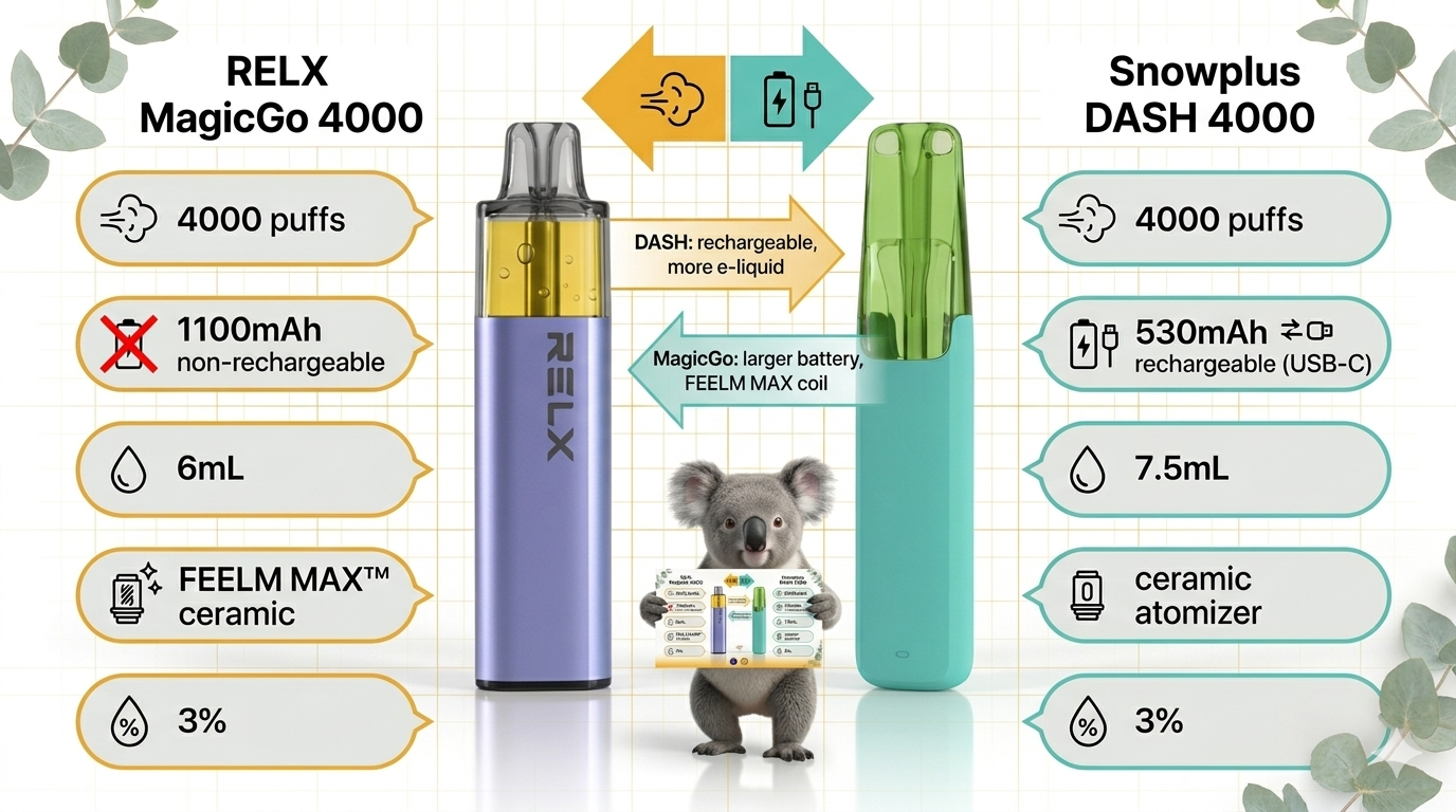 Specification comparison diagram: RELX MagicGo 4000 vs Snowplus DASH 4000.