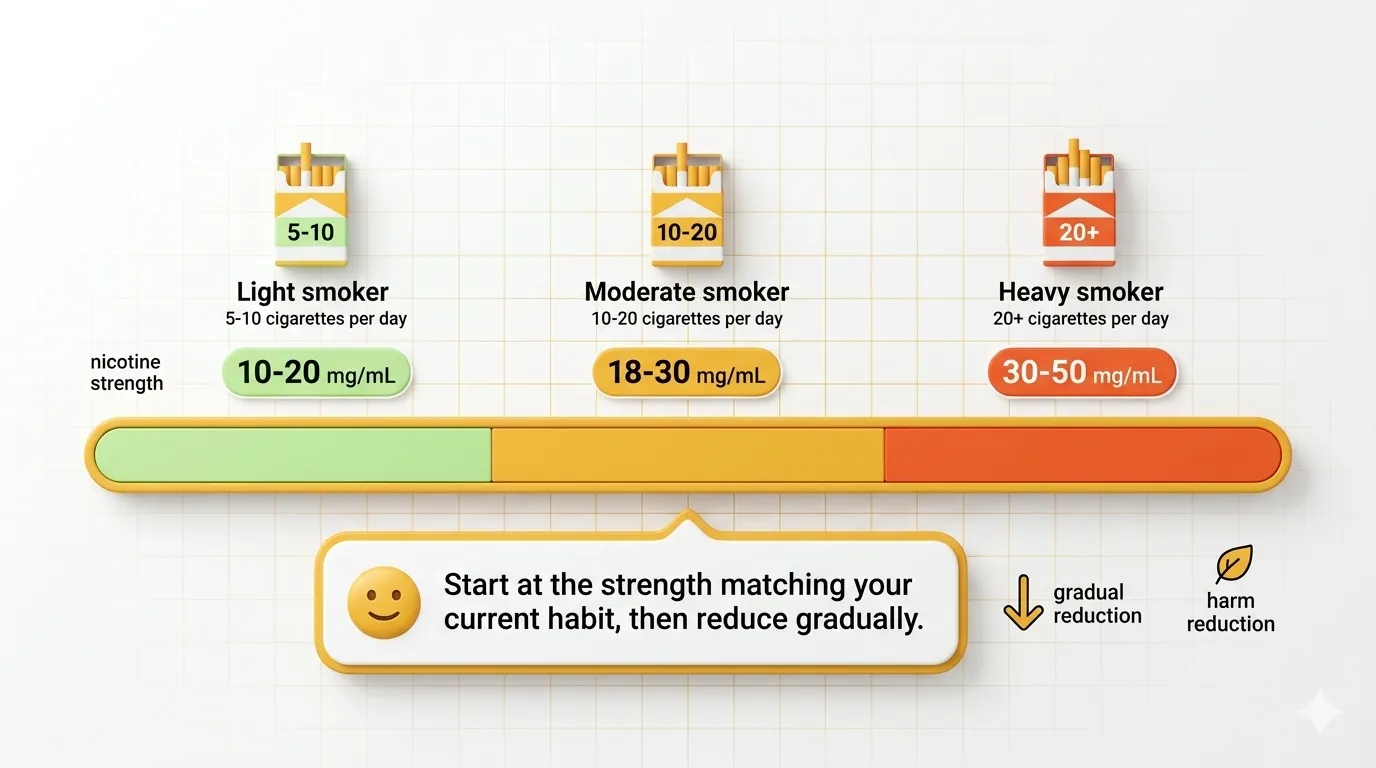 Nicotine strength guide chart showing recommended strengths based on daily cigarette consumption: 5‑10 cigarettes → 10‑20 mg/mL, 10‑20 cigarettes → 18‑30 mg/mL, 20+ cigarettes → 30‑50 mg/mL. Visual icons for light, moderate, and heavy smokers.