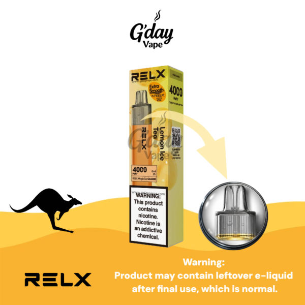 RELX MagicGo 4000 Puffs Lemon Ice Tea disposable vape with metal body and visible e-liquid window