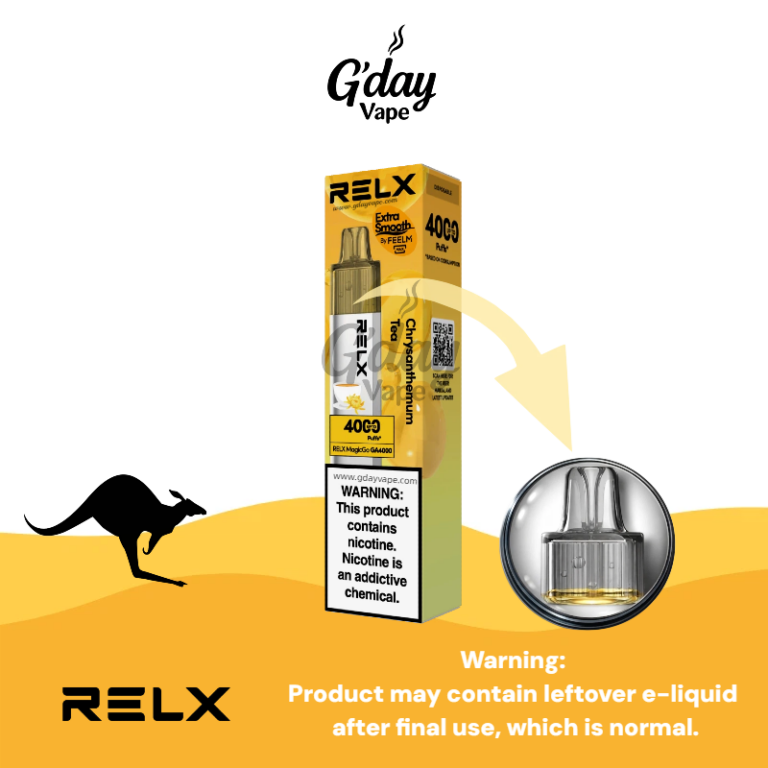 RELX MagicGo 4000 Puffs Chrysanthemum Tea disposable vape with metal body and transparent e-liquid tank