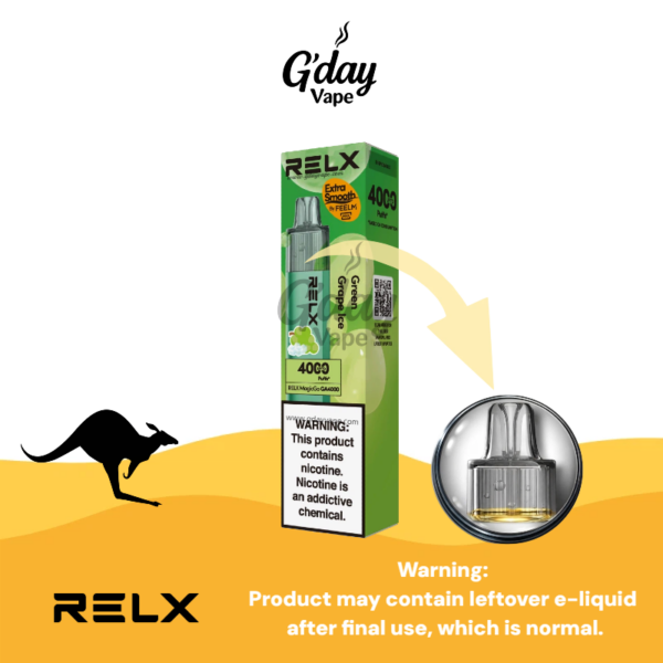 RELX MagicGo 4000 Puffs Green Grape Ice disposable vape with metal body and transparent e-liquid tank