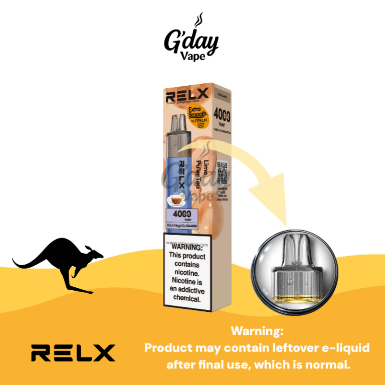 RELX MagicGo 4000 Puffs Lime Pu'er Tea disposable vape with metal body and visible e-liquid window