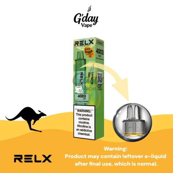 RELX MagicGo 4000 Puffs Longjing Tea disposable vape with metal body and visible e-liquid window