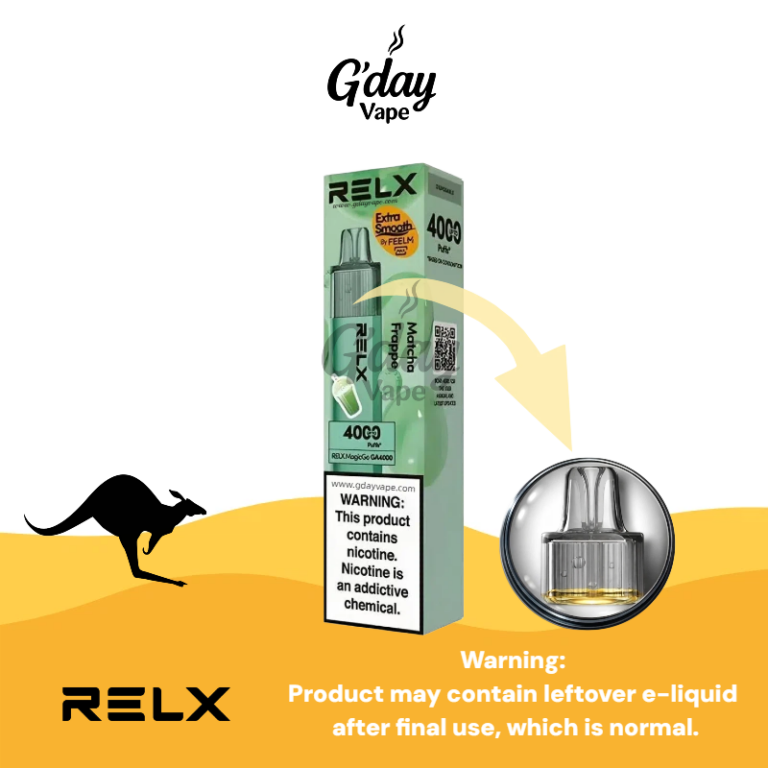 RELX MagicGo 4000 Puffs Matcha Frappe disposable vape with metal body and transparent e-liquid tank