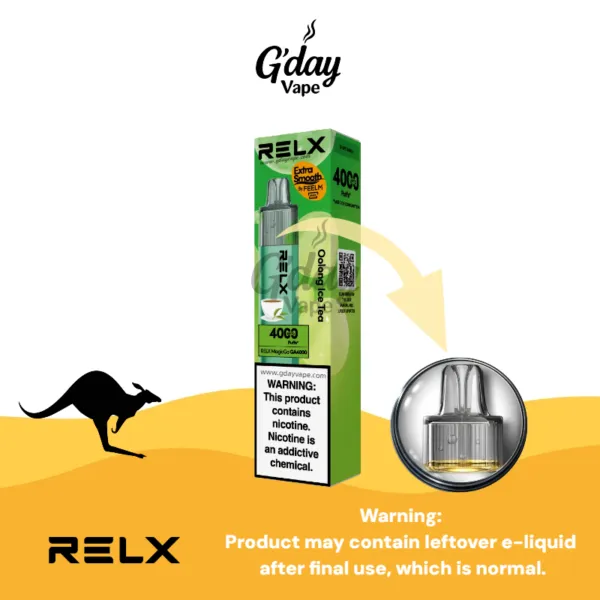 RELX MagicGo 4000 Puffs Oolong Ice Tea disposable vape with metal body and transparent e-liquid tank