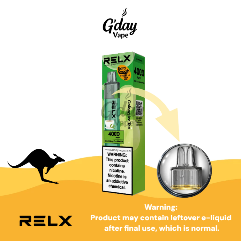 RELX MagicGo 4000 Puffs Oolong Ice Tea disposable vape with metal body and transparent e-liquid tank