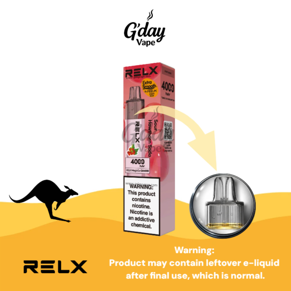 RELX MagicGo 4000 Puffs Sour Hawthorn Soda disposable vape with metal body and visible e-liquid window
