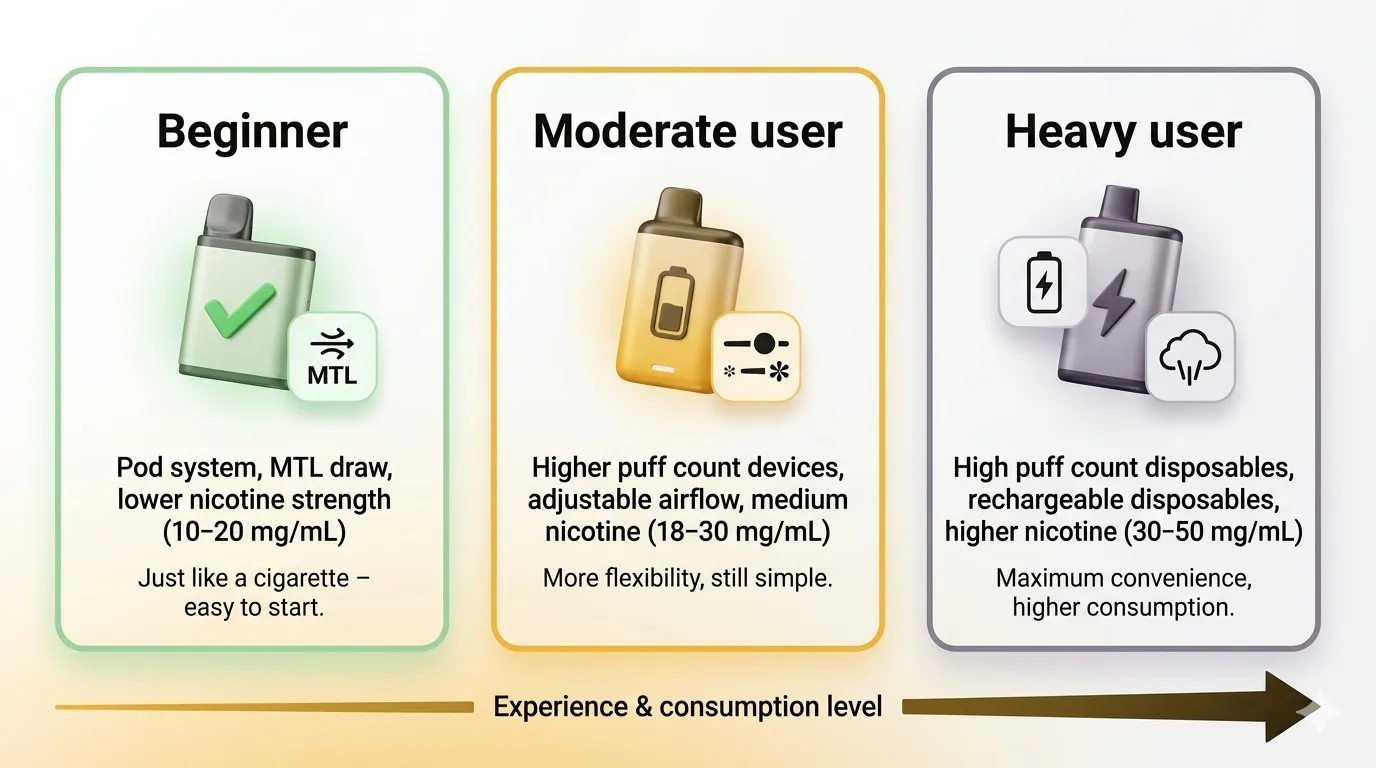 Infographic showing different vape user categories: beginners (pod systems, MTL, lower nicotine), moderate users (higher puffs, adjustable airflow), heavy users (high puff count, rechargeable disposables). Clear icons and short descriptions for each category.