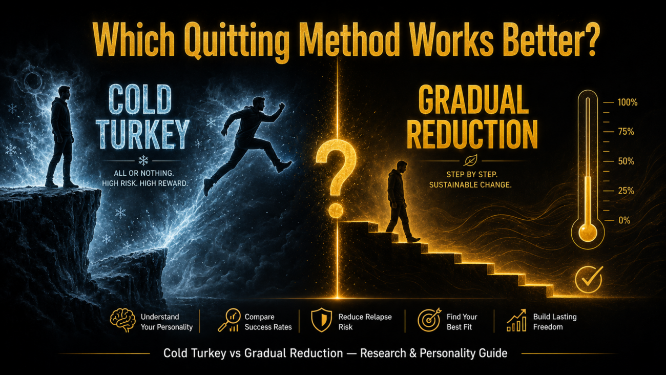 Cold turkey vs gradual reduction which quitting method works better banner showing abrupt cessation vs step-down approach with split screen design