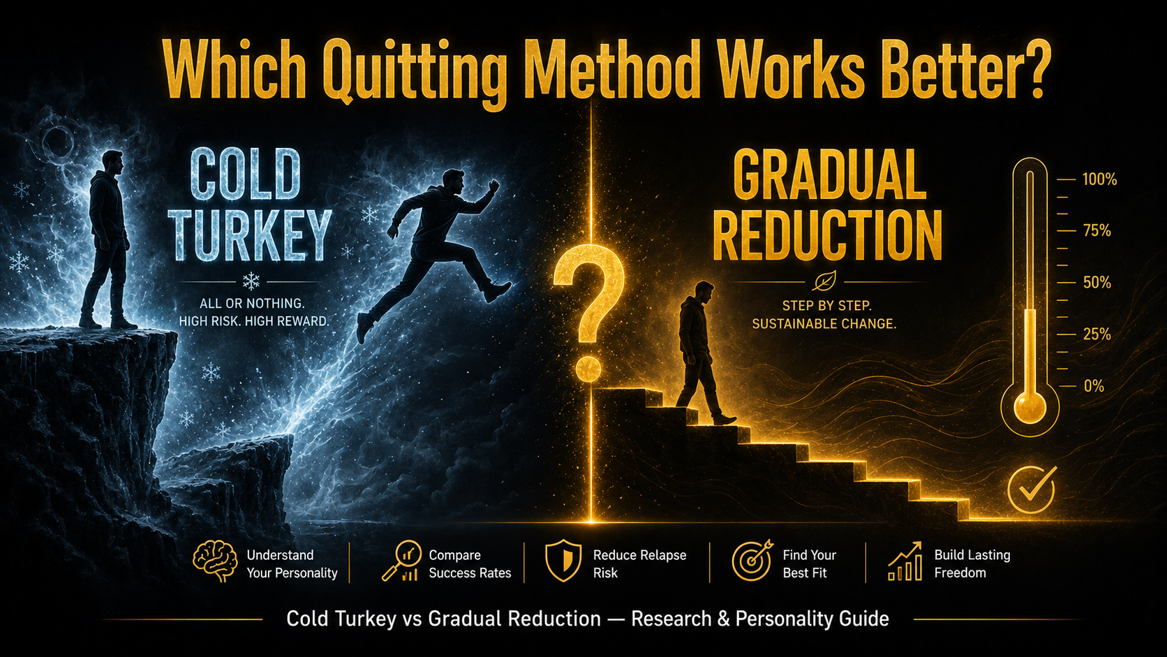 Cold turkey vs gradual reduction which quitting method works better banner showing abrupt cessation vs step-down approach with split screen design