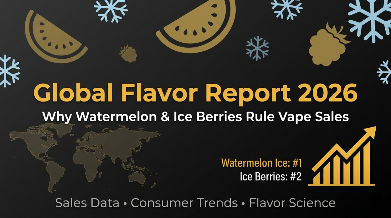 Global flavor report banner for 2026 showing watermelon and ice berries as top selling vape flavors with trend chart