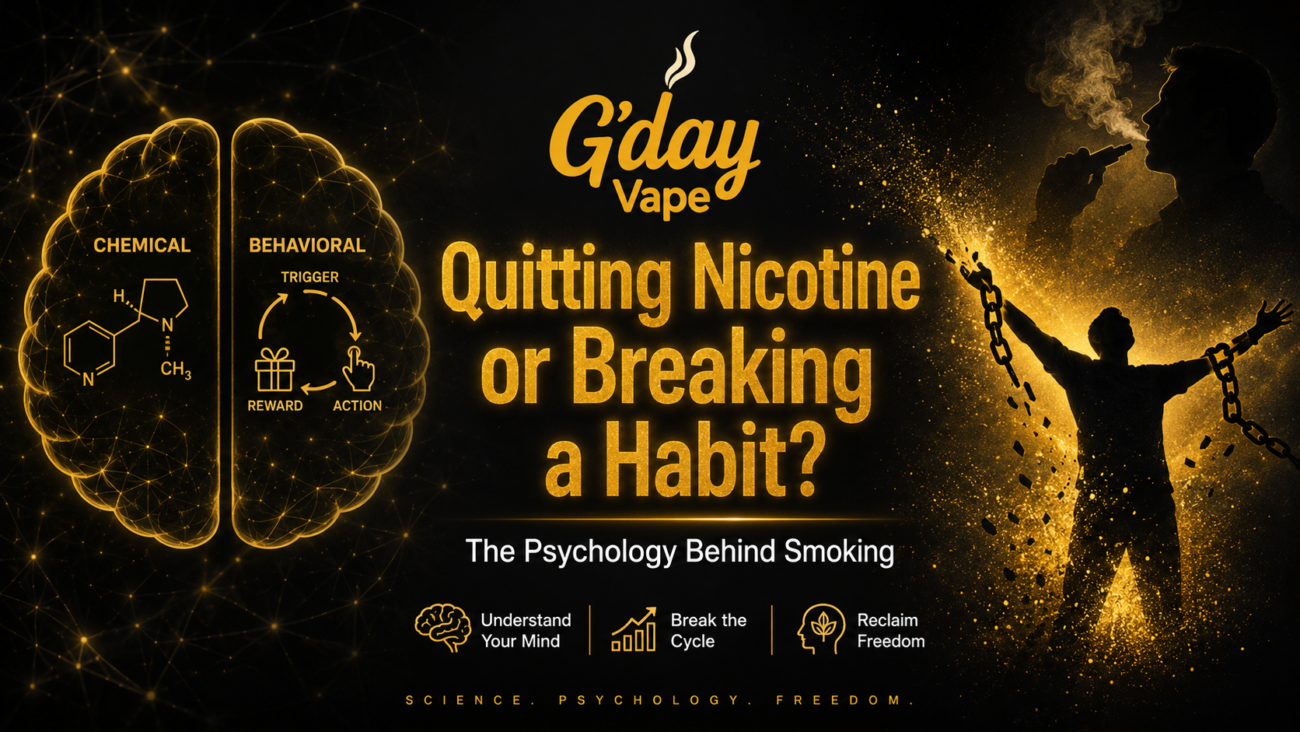 Quitting nicotine or breaking a habit psychology banner showing brain chemical addiction vs behavioral habit loop with gold neural network design
