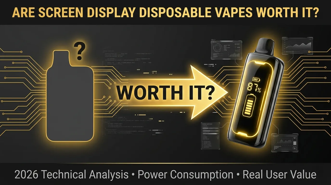 Are screen display disposable vapes worth it futuristic banner showing standard vape vs smart LED display vape with glowing gold circuit elements