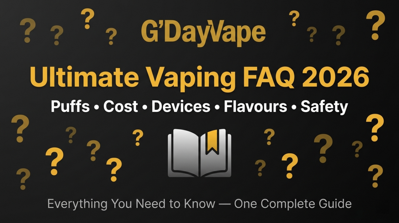 Ultimate vaping FAQ banner for 2026 showing question marks and guide icon covering puffs cost devices flavours and safety