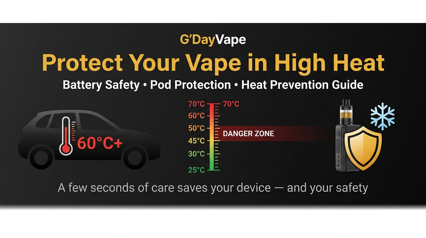 How to protect vape battery high heat safety guide showing car interior temperature danger zone 60 degrees Celsius and device protection shield