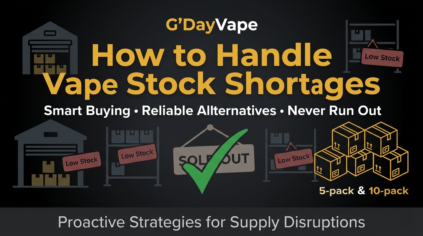 Banner for how to handle vape stock shortages showing smart buying strategies bundle stacking and low stock warning management