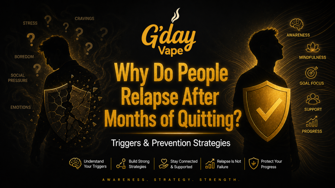 Why do people relapse after months of quitting banner showing vulnerability vs protection with gold shield and prevention theme