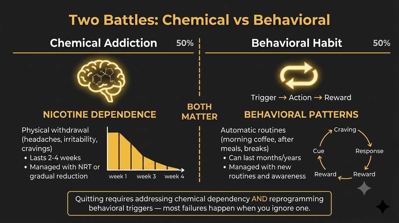 Chemical addiction vs behavioral habit comparison for quitting nicotine showing nicotine withdrawal timeline and habit loop diagram