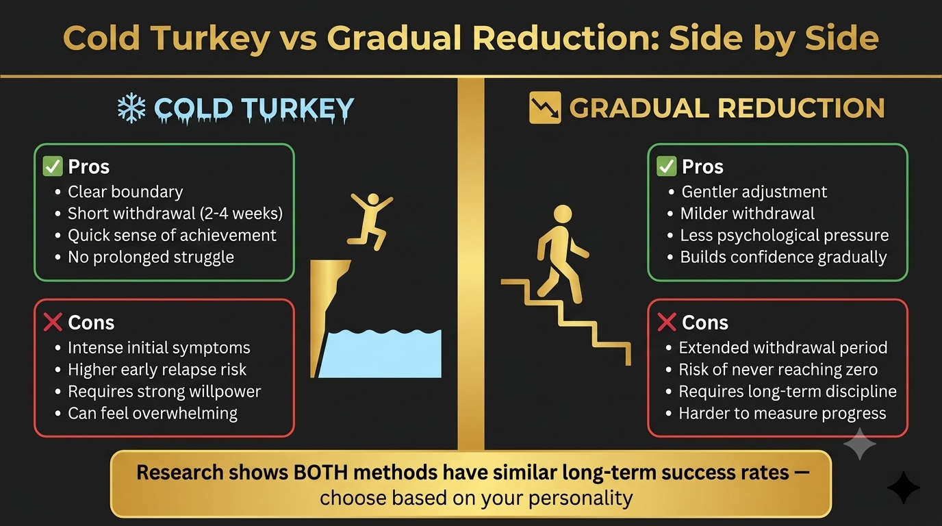 Cold turkey vs gradual reduction which quitting method works better pros and cons comparison showing abrupt cessation benefits and gradual reduction advantages