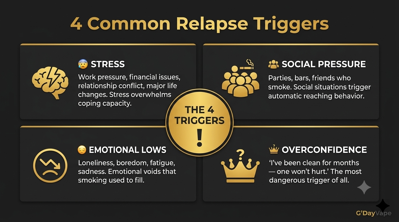 Four common relapse triggers infographic showing stress social pressure emotional lows and overconfidence as reasons why do people relapse after months of quitting