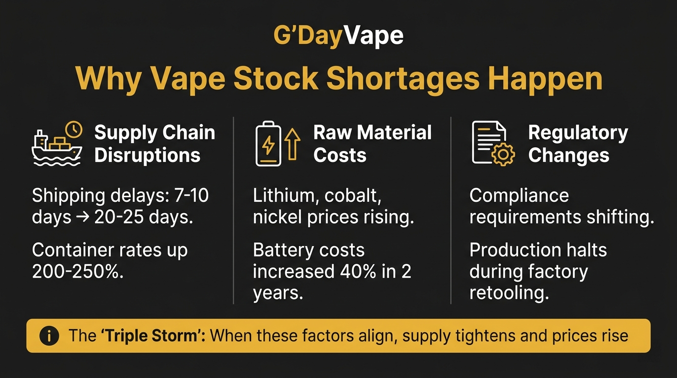 Infographic showing three causes of vape stock shortages: supply chain disruptions raw material cost increases and regulatory changes