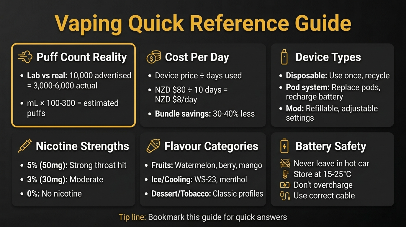 Vaping quick reference guide covering puff count reality cost per day device types nicotine strengths flavour categories and battery safety
