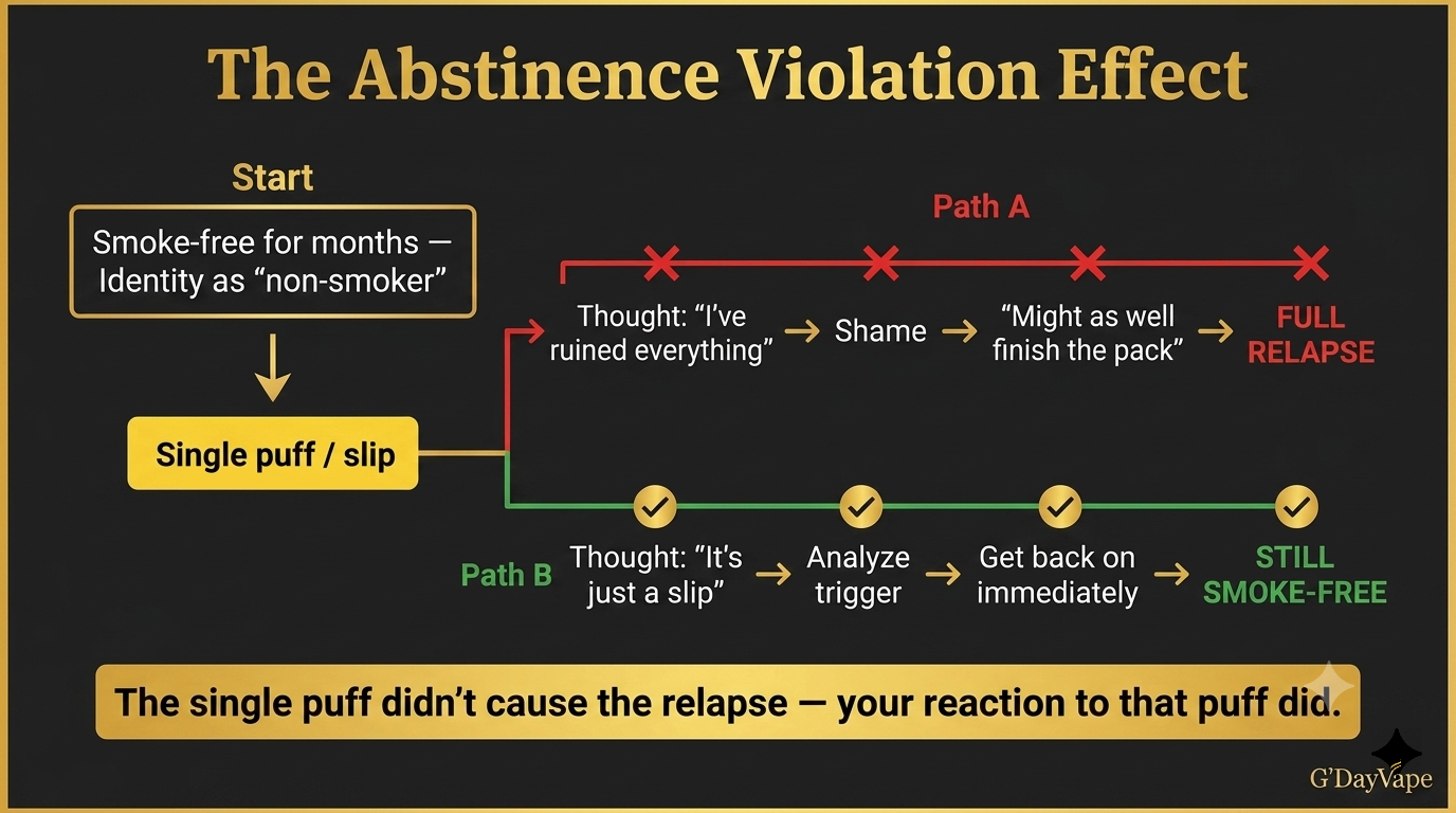 Abstinence violation effect diagram showing how a single puff leads to full relapse through shame spiral explaining why do people relapse after months of quitting