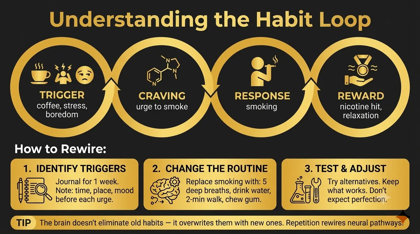 Habit loop diagram for smoking addiction showing trigger craving response reward cycle and three steps to rewire behavioral patterns
