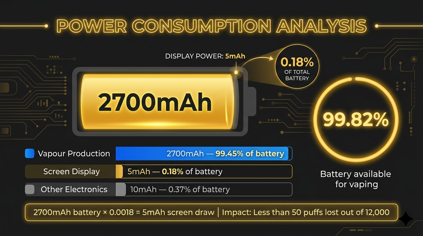 Power consumption analysis for are screen display disposable vapes worth it showing negligible battery drain of only 0.18 percent of total capacity
