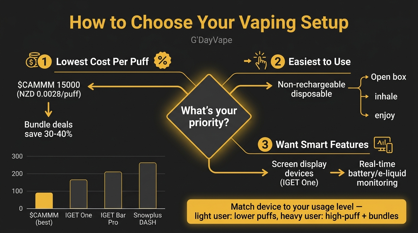 Vape setup decision flow chart showing how to choose based on budget priority with cost per puff comparison for major devices