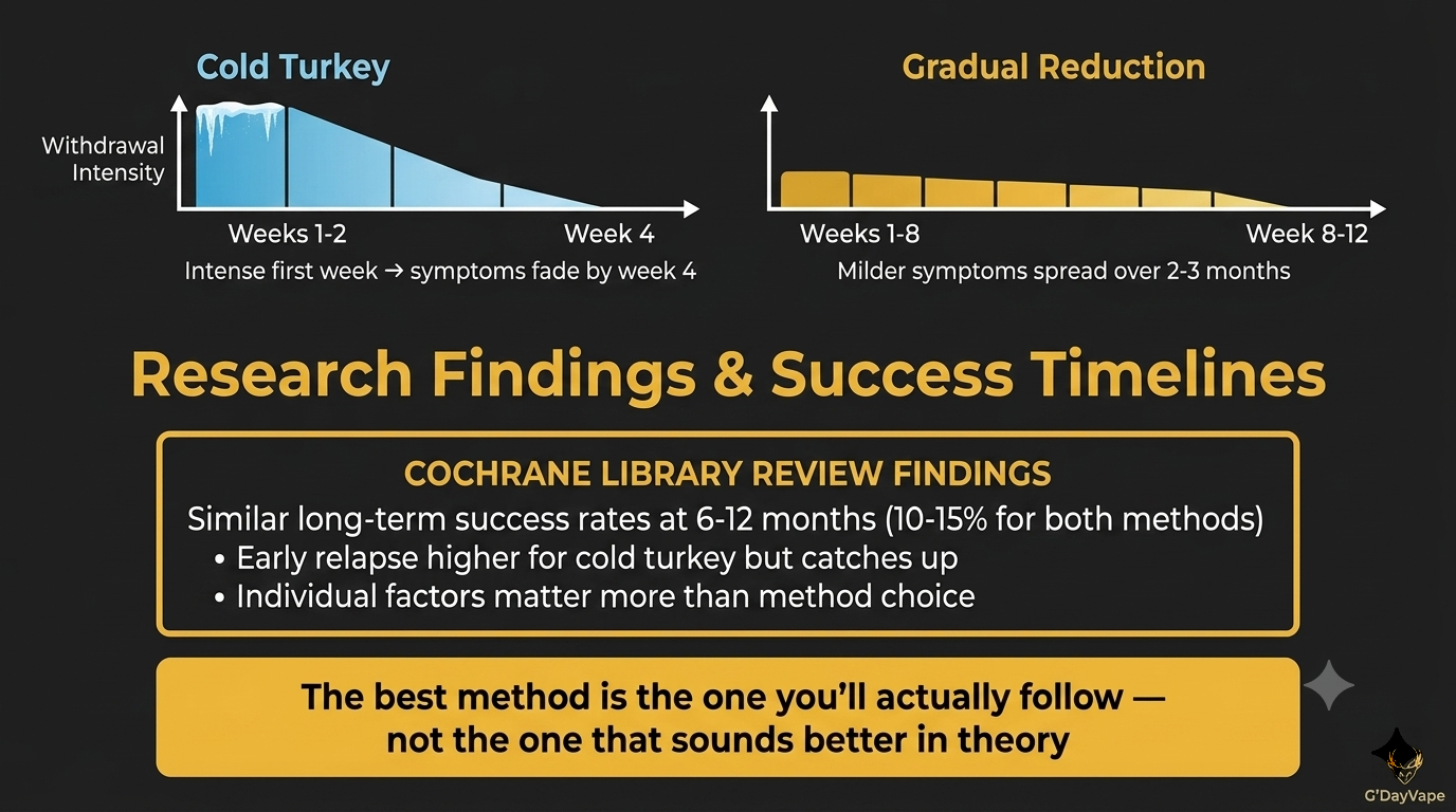 Research data and timeline comparison for cold turkey vs gradual reduction which quitting method works better showing withdrawal intensity and success rates