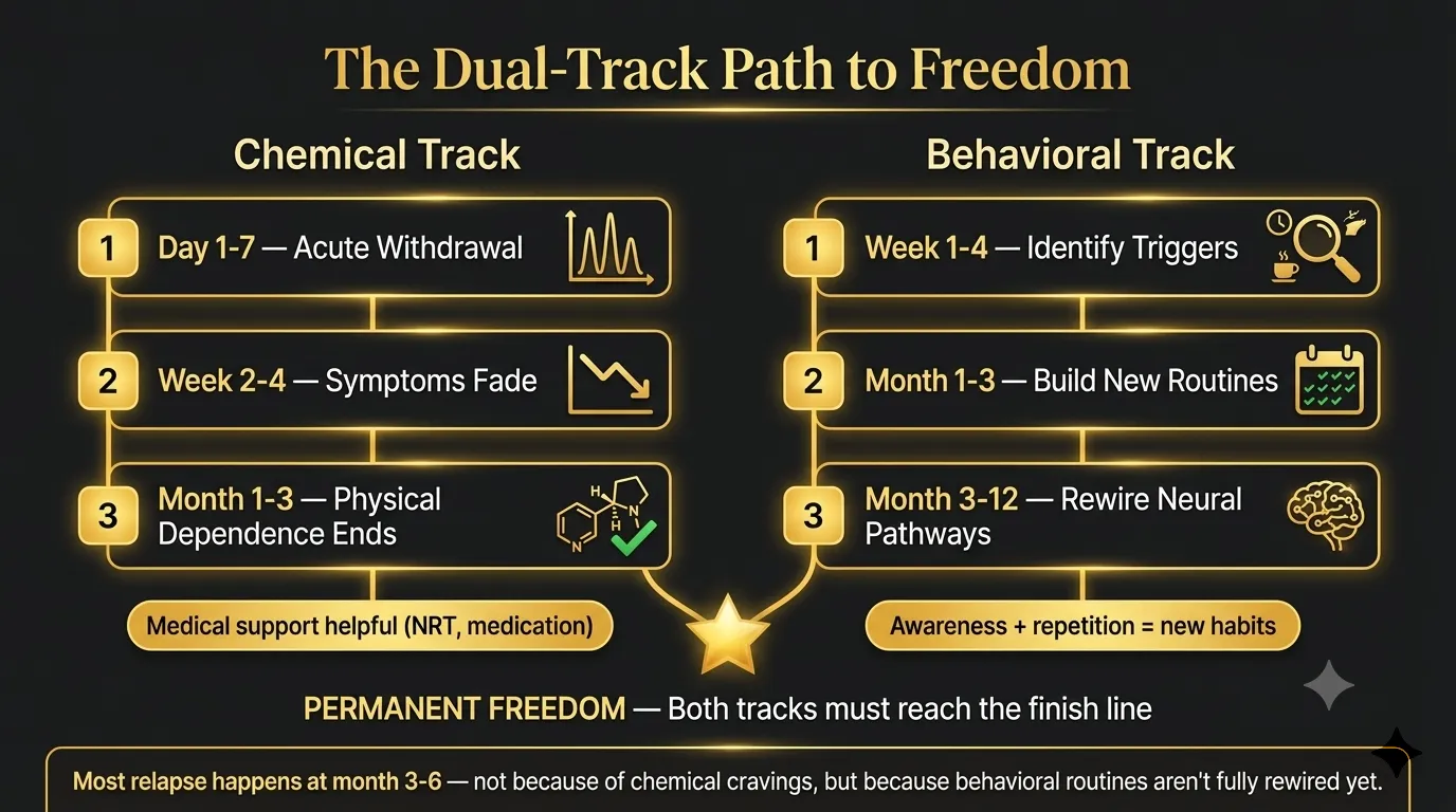 Dual track quitting success path showing chemical withdrawal timeline and behavioral habit rewiring with convergence to permanent freedom