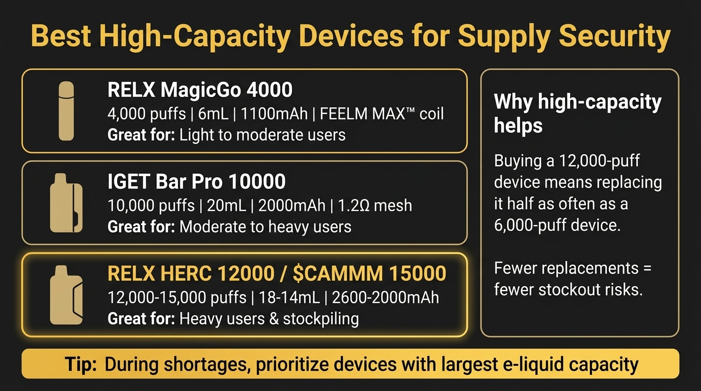 High capacity device recommendations for supply security showing RELX MagicGo 4000 IGET Bar Pro 10000 and RELX HERC 12000 with specifications