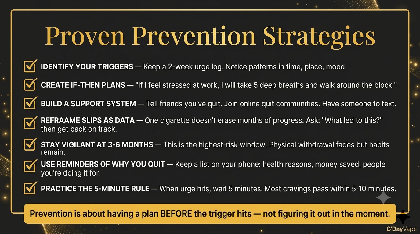 Relapse prevention checklist with 7 strategies to avoid smoking again explaining why do people relapse after months of quitting and how to prevent it