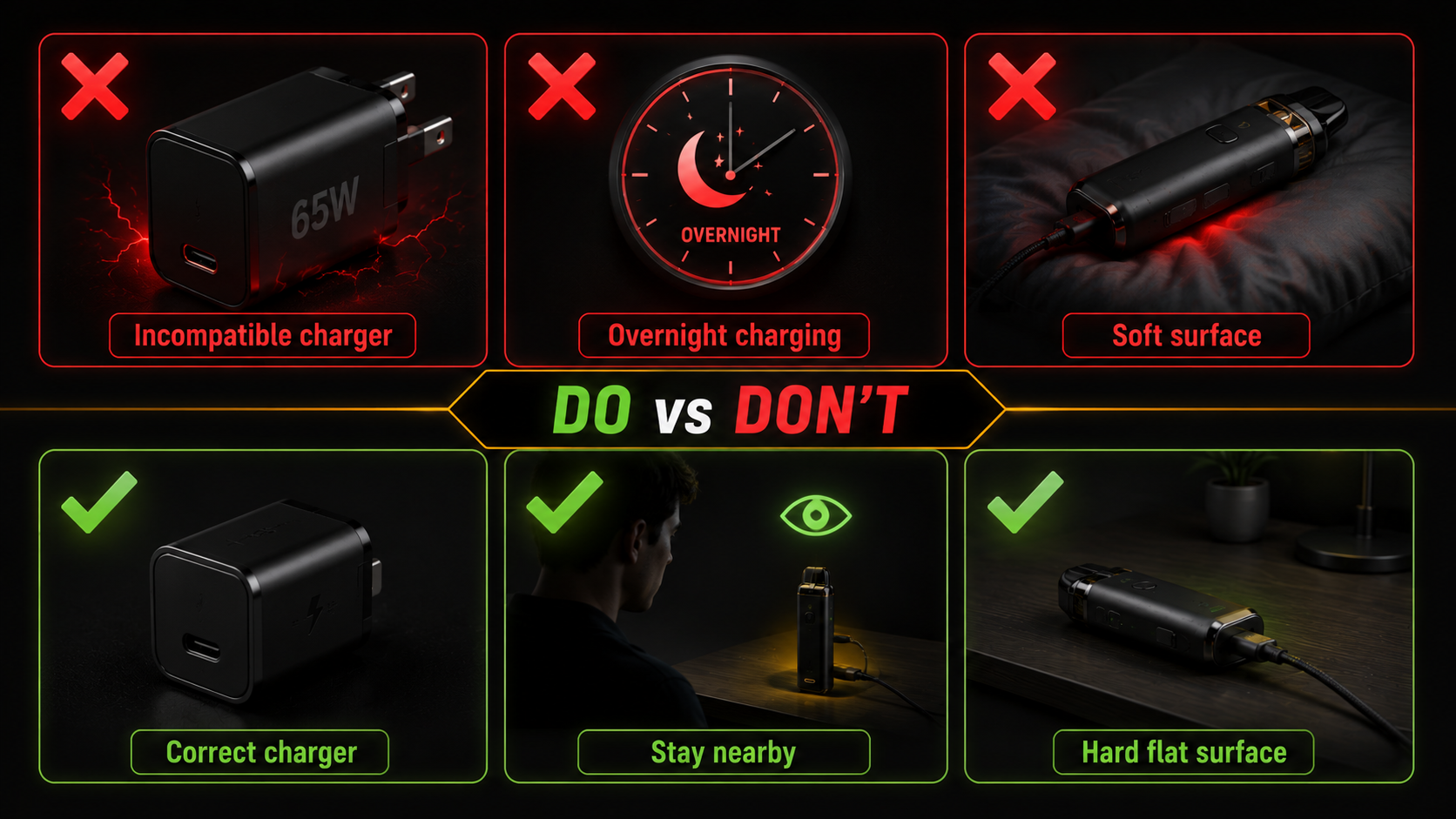 Side‑by‑side comparison of charging mistakes vs correct methods: top row shows incorrect practices (phone charger, overnight charging, soft surface), bottom row shows correct practices (original charger, monitoring charging, hard surface). Clear visual contrast.
