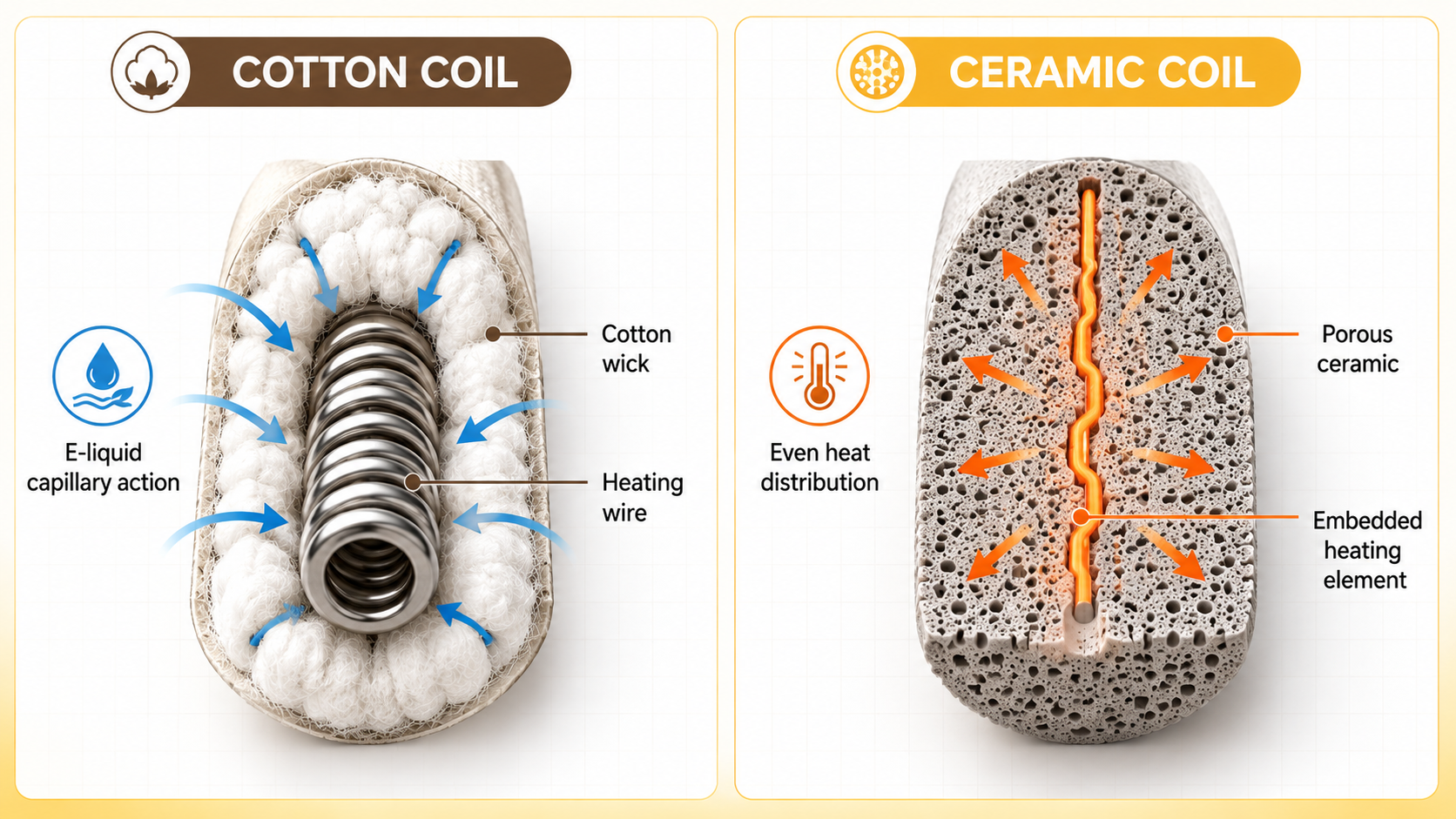 Anatomy diagram of cotton coil (organic cotton around a metal wire) and ceramic coil (porous ceramic with embedded heating trace). Cross‑section illustration clearly showing material composition and vapour path.